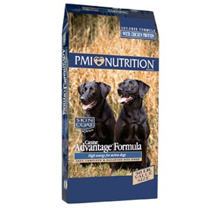 PMI Canine Advantage Dry Dog Food. Blue bag with two black dogs.