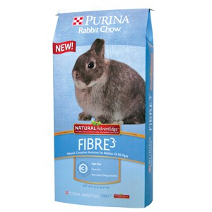 Purina Rabbit Chow Fibre3 in blue feed bag.