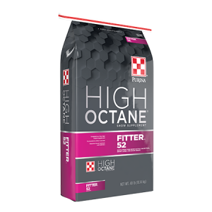 Purina High Octane Fitter 52 Supplement Feed Bag with purple band.