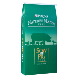 Purina Nature's Match Sow and Pig Complete feed bag.