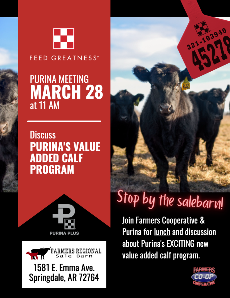 Mark your calendar for the Springdale Purina Sale Barn Meeting on March 28th. Join Farmer's Cooperative and Purina for lunch and discussion.