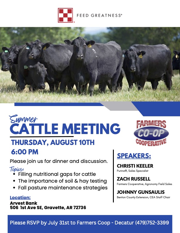 This is a flyer for the upcoming Summer Cattle Meeting at Arvest Bank sponsored by Farmers Co-oop Decatur store.